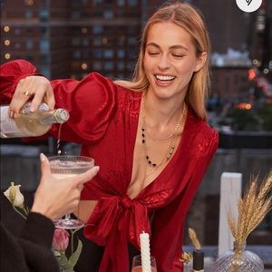 Highly Iconic Wine Red Satin Jacquard Tie-Front Crop Top - Brand New with Tags!